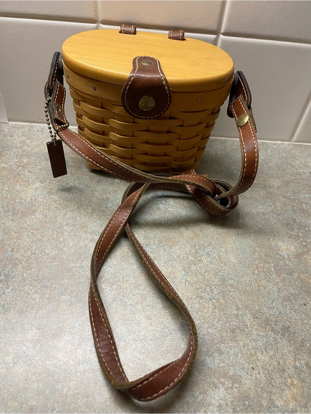 Longaberger Yellow Wood Basket Crossbody Purse with Brown Leather Strap